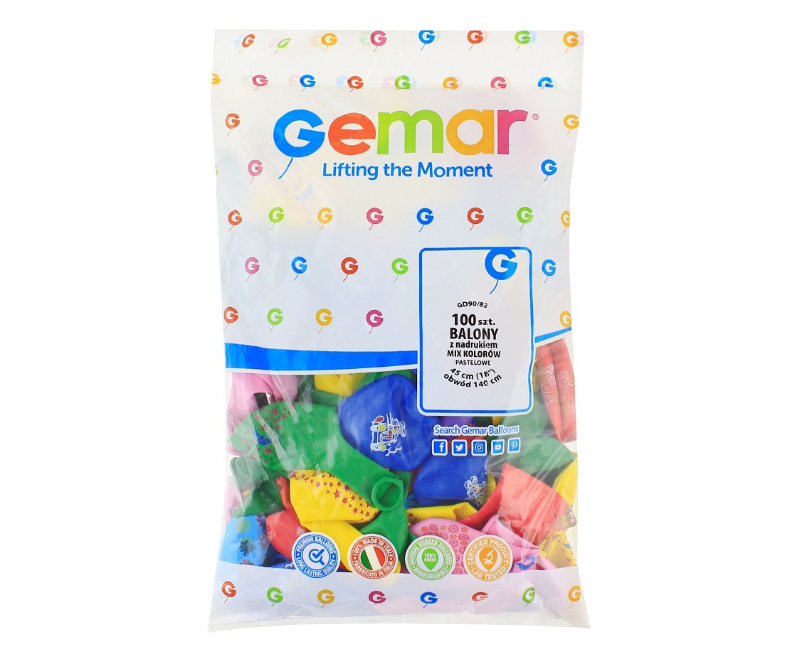 Balloons Gemar 18", pastel with different print, 100pcs