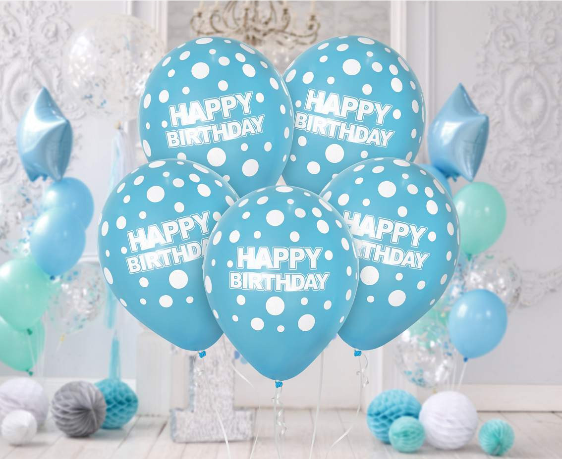 Balloons Happy Birthday, white dots on blue, 12"/ 5 pcs