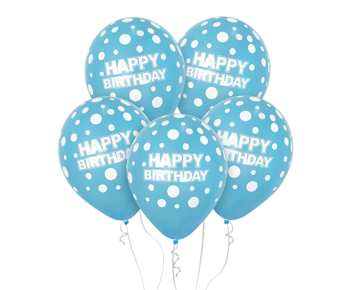 Balloons Happy Birthday, white dots on blue, 12"/ 5 pcs