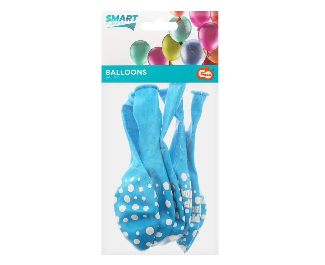 Balloons Happy Birthday, white dots on blue, 12"/ 5 pcs