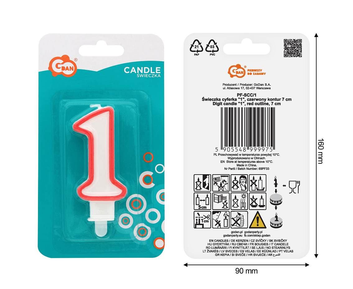 Digit candle "1", red outline, 8 cm