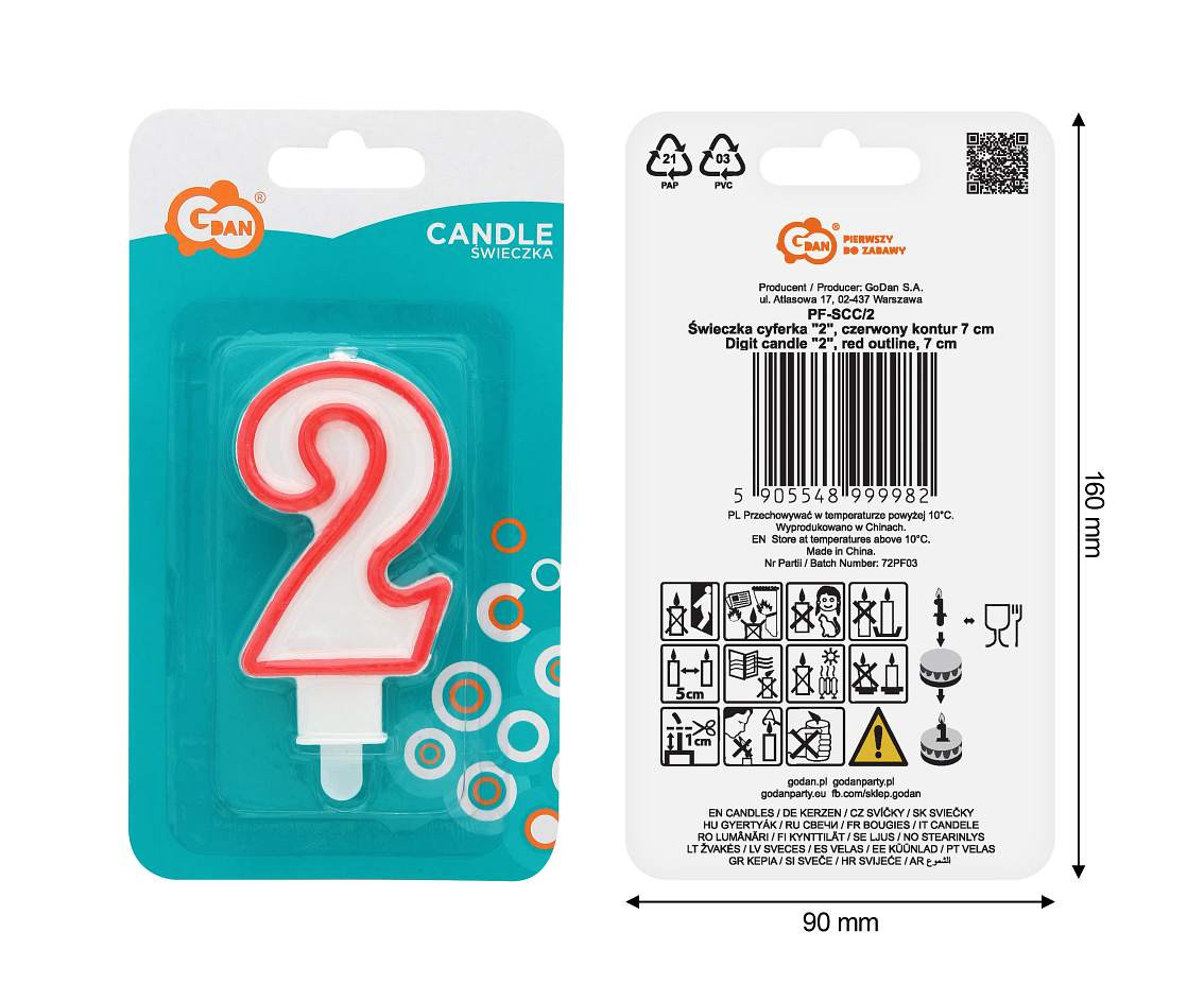 Świeczka cyferka "2", czerwony kontur 8 cm
