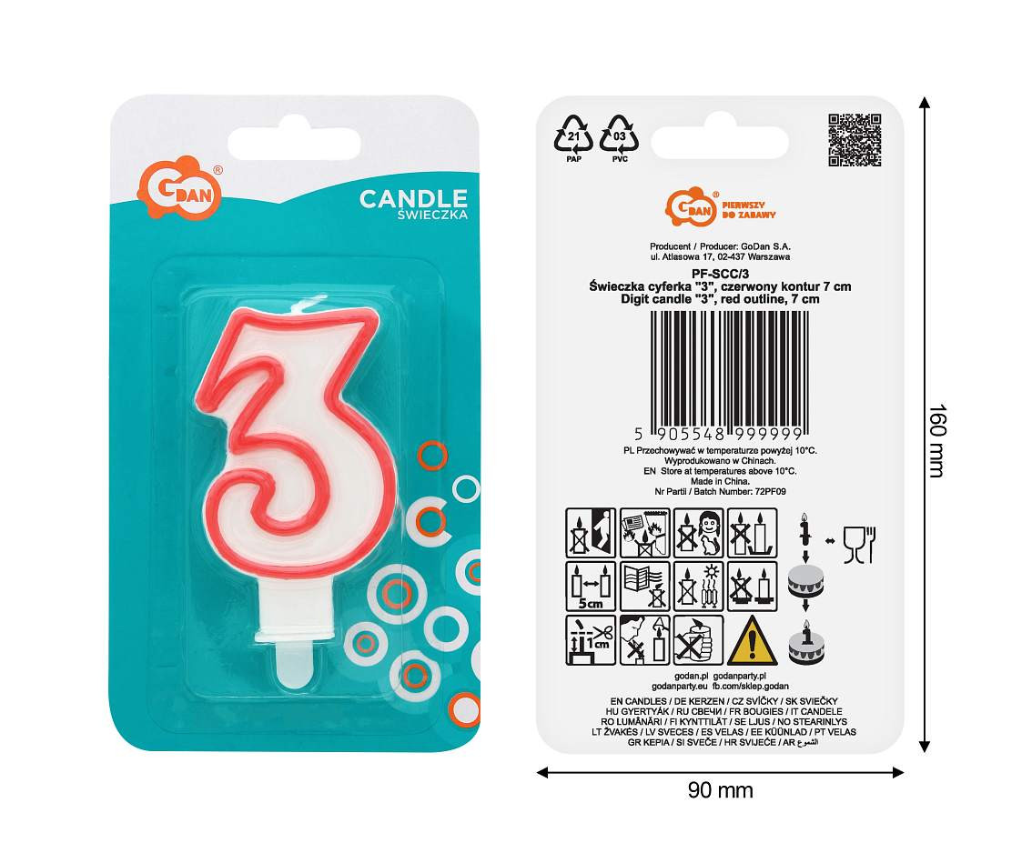 Świeczka cyferka "3", czerwony kontur 8 cm