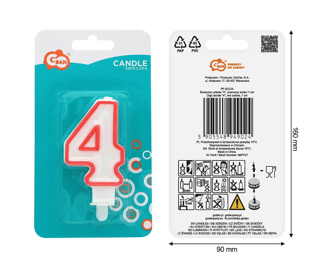 Świeczka cyferka "4", czerwony kontur 8 cm