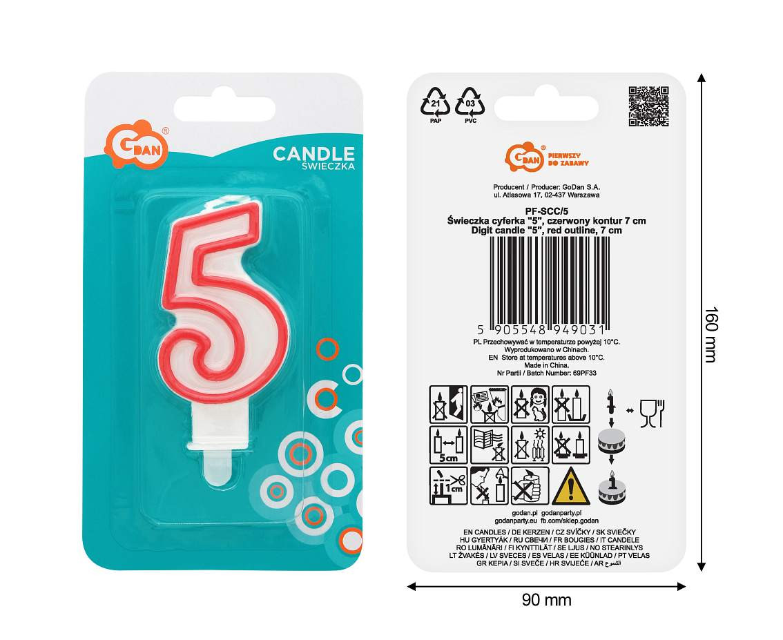 Świeczka cyferka "5", czerwony kontur 8 cm
