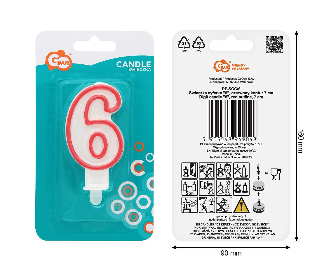 Świeczka cyferka "6", czerwony kontur 8 cm