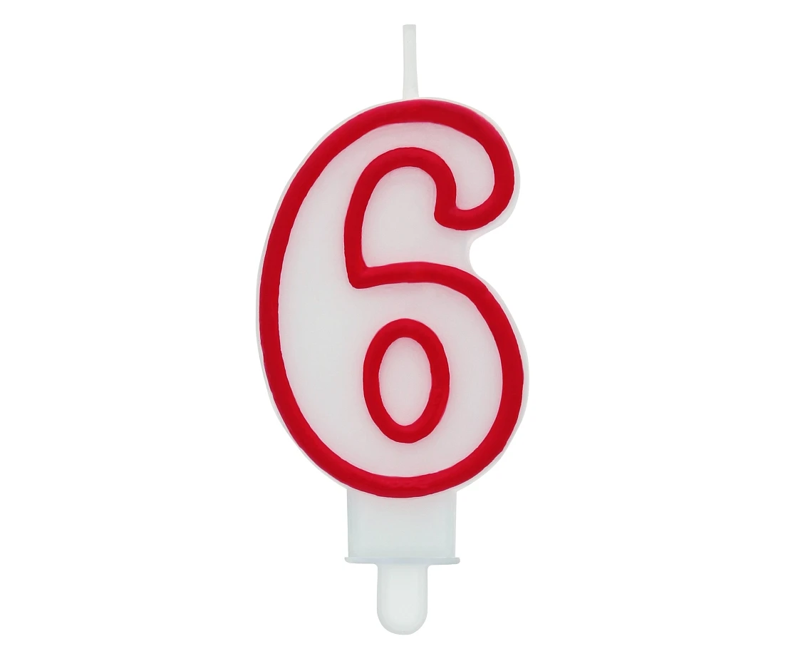 Świeczka cyferka "6", czerwony kontur 8 cm