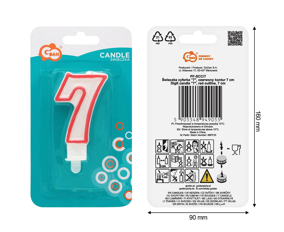 Świeczka cyferka "7", czerwony kontur 8 cm