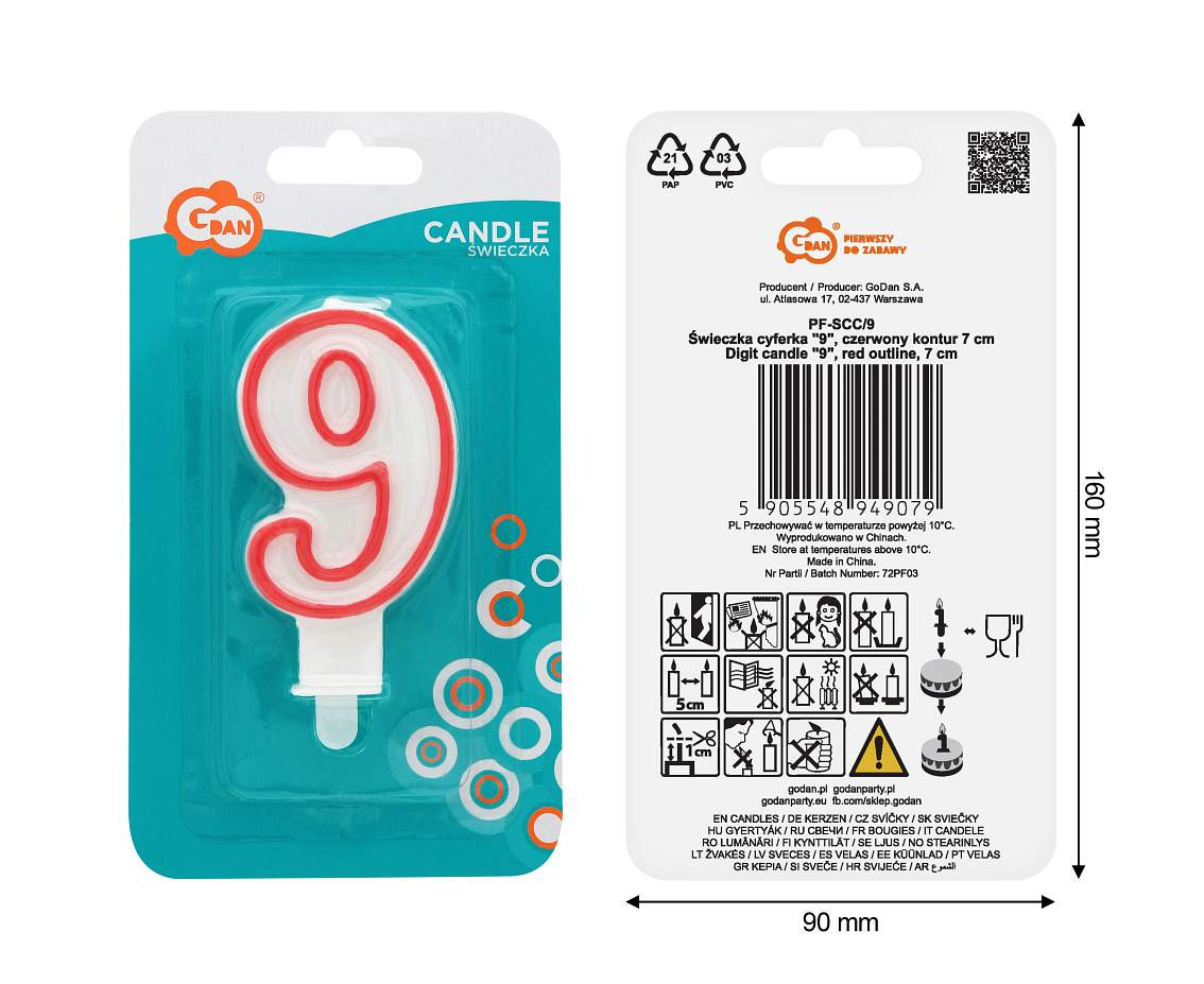Świeczka cyferka "9", czerwony kontur 8 cm