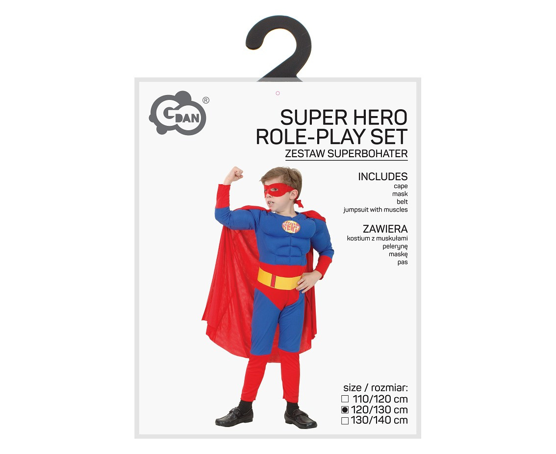 Super Hero role-play set with muscles for kids (jumpsuit with muscles, cape, mask, belt), size 120/130 cm