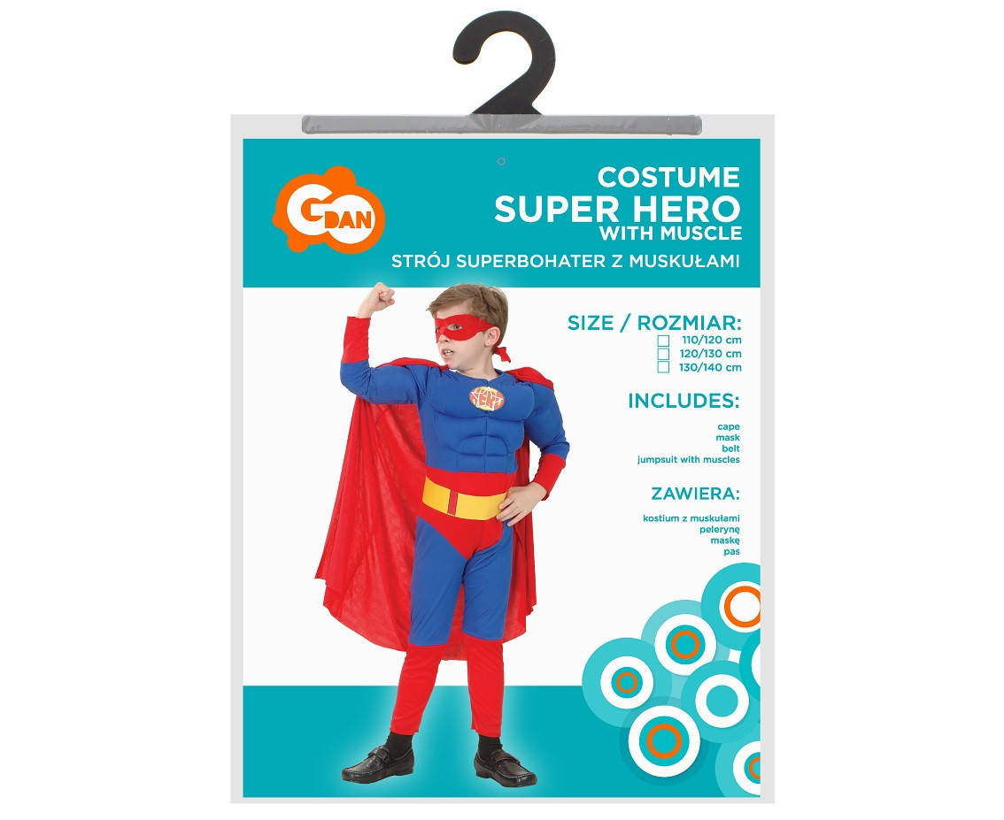 Super Hero role-play set with muscles for kids (jumpsuit with muscles, cape, mask, belt), size 120/130 cm