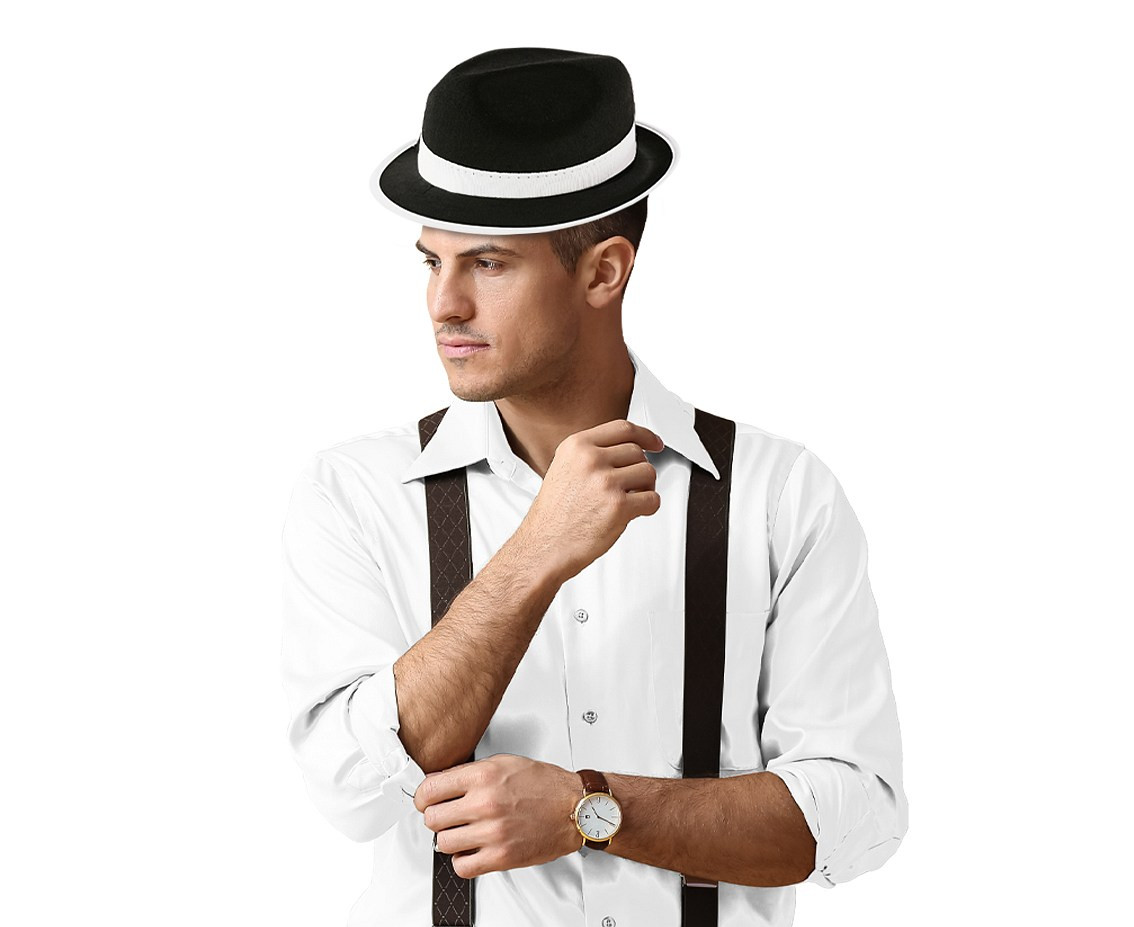 "Gangster" Hat, black with white trimming, one size