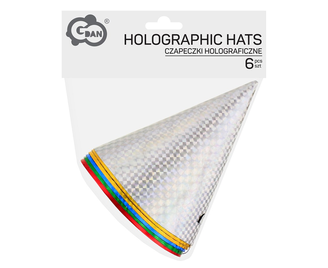 Holographic paper hats, assorted colours, 6 pcs