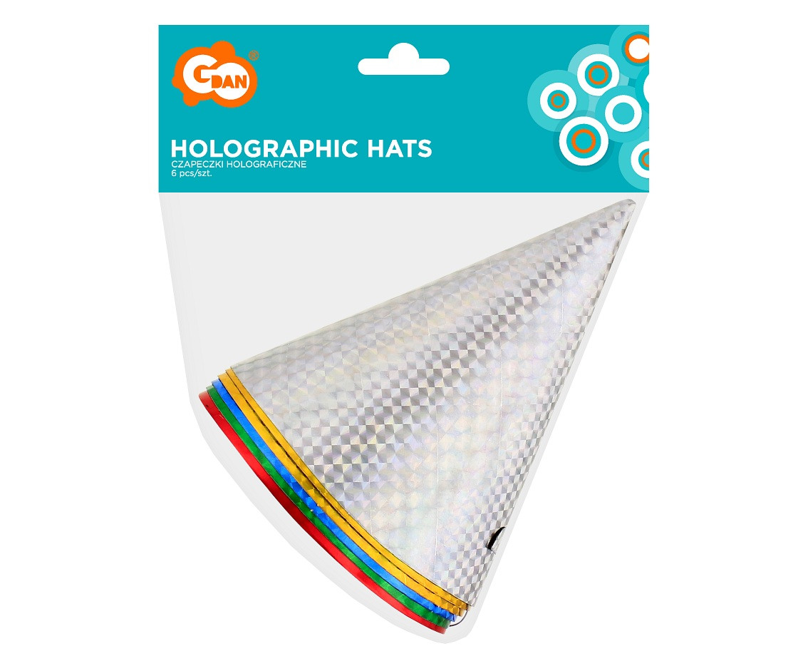 Holographic paper hats, assorted colours, 6 pcs