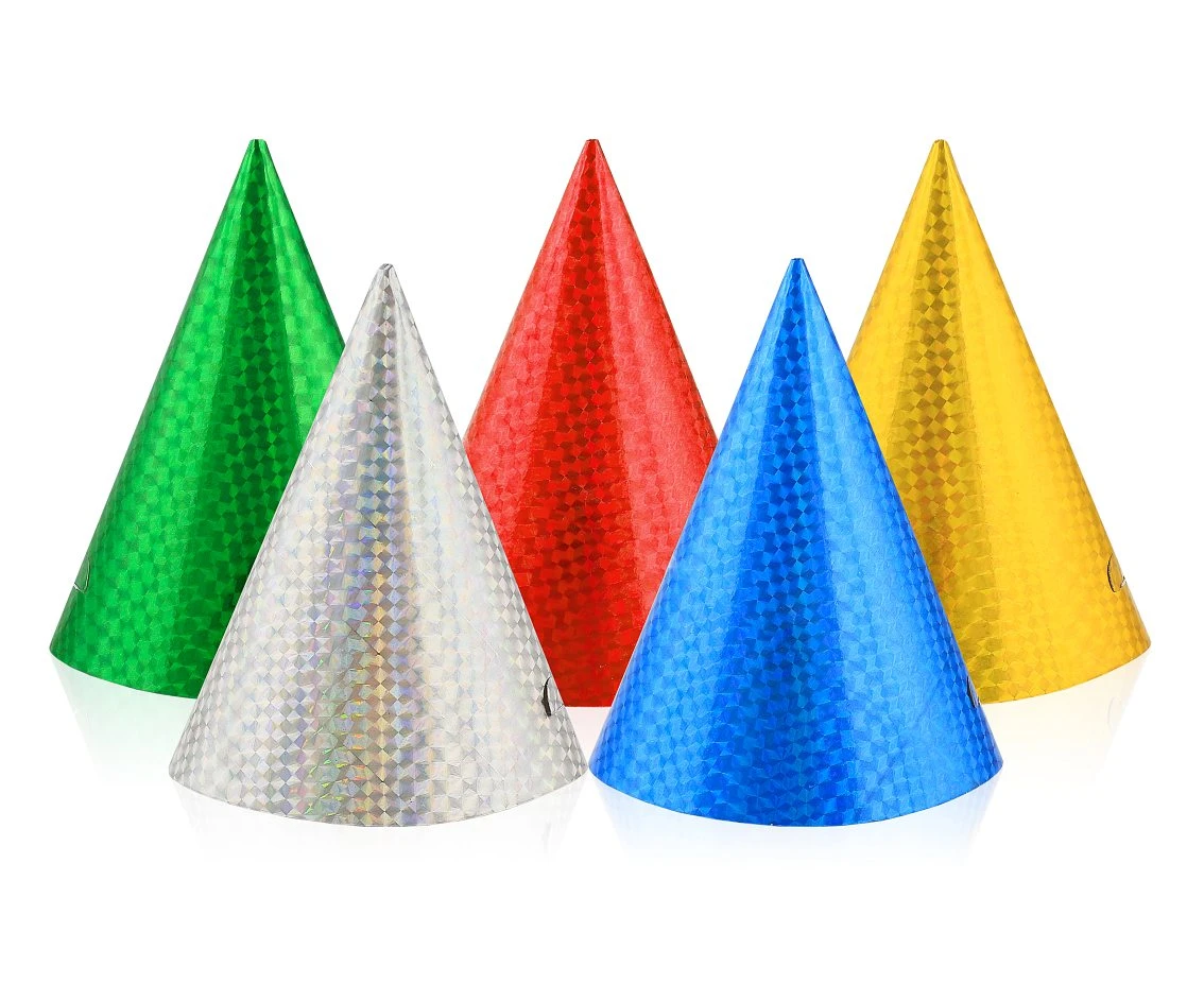 Holographic paper hats, assorted colours, 6 pcs