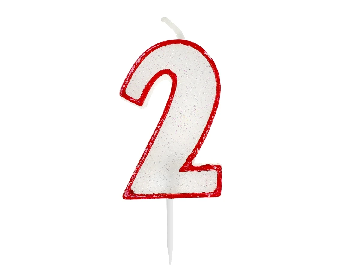 Świeczka cyferka z brokatem, czerwony kontur "2", 6 cm KK