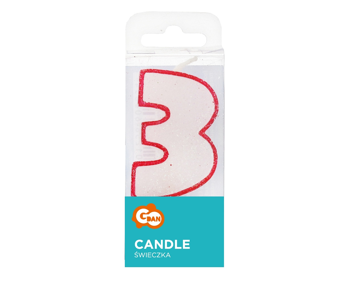 Świeczka cyferka z brokatem, czerwony kontur "3", 6 cm KK