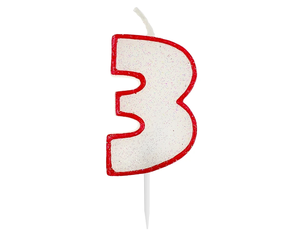 Świeczka cyferka z brokatem, czerwony kontur "3", 6 cm KK