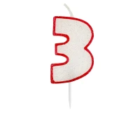 Świeczka cyferka z brokatem, czerwony kontur "3", 6 cm KK