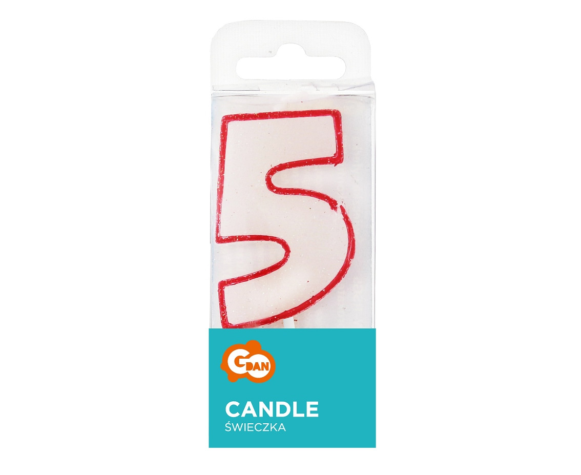 Świeczka cyferka z brokatem, czerwony kontur "5", 6 cm KK