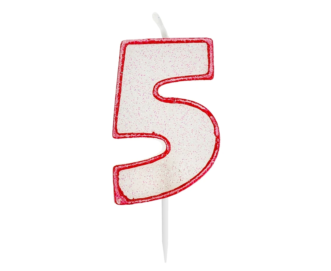 Świeczka cyferka z brokatem, czerwony kontur "5", 6 cm KK