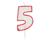 Świeczka cyferka z brokatem, czerwony kontur "5", 6 cm KK