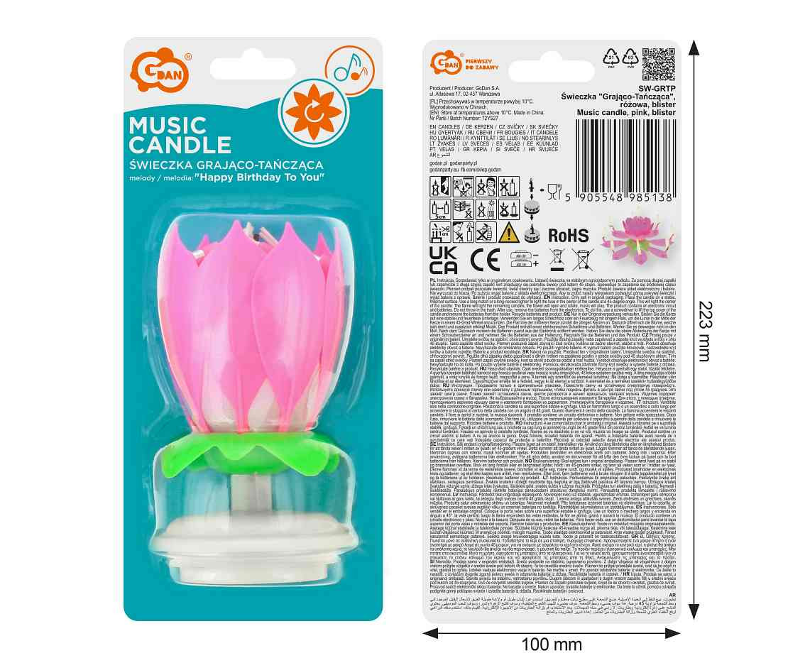 Music candle, pink, blister