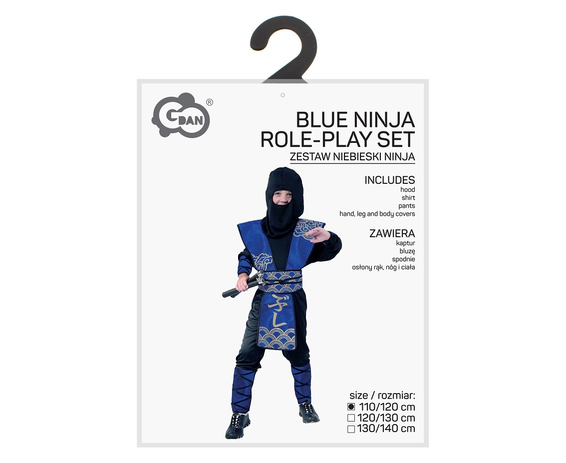 Blue Ninja role-play set for kids (hood, shirt, hand, leg and body covers), size 110/120 cm