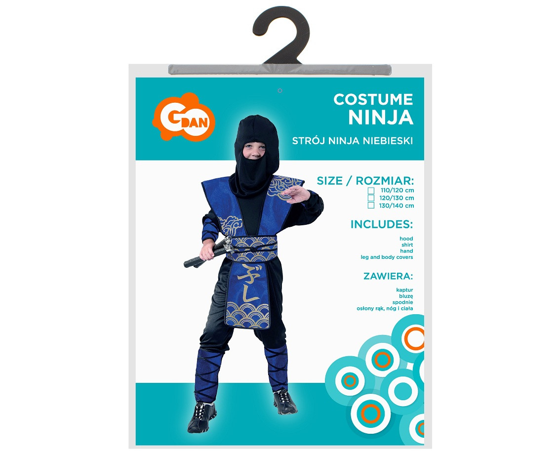 Blue Ninja role-play set for kids (hood, shirt, hand, leg and body covers), size 110/120 cm
