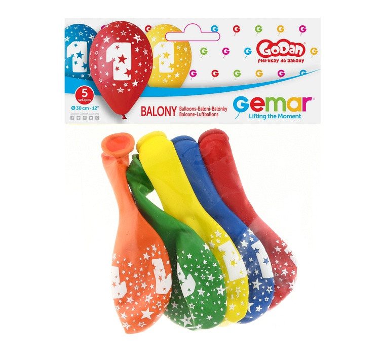 Balony Gemar 12", 1. urodziny, pastel mix, 5szt.