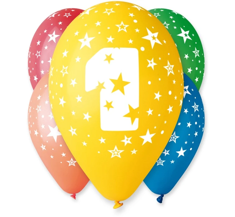 Balony Gemar 12", 1. urodziny, pastel mix, 5szt.