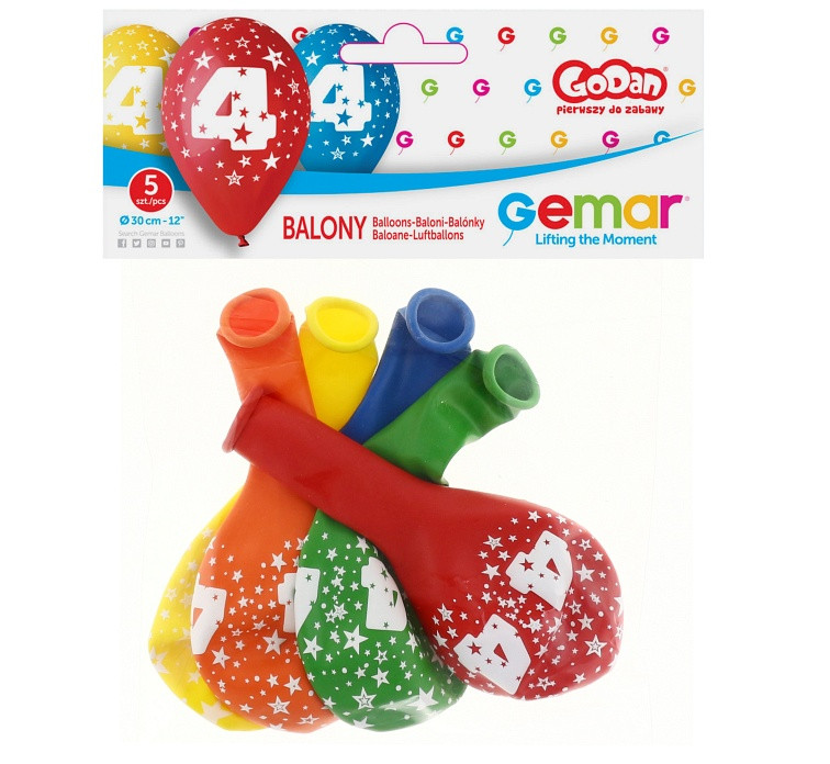 Balony Gemar 12", 4. urodziny, pastel mix, 5szt.