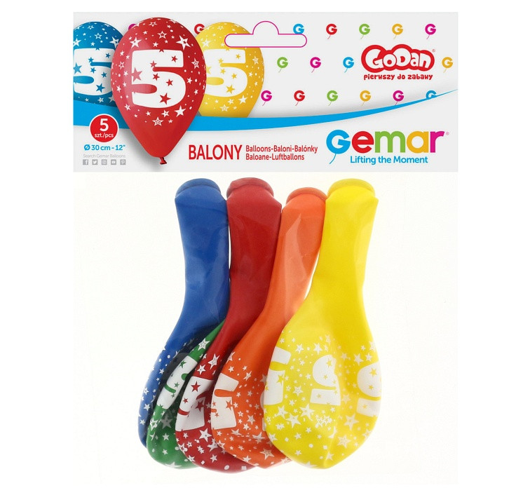 Balony Gemar 12", 5. urodziny, pastel mix, 5szt.