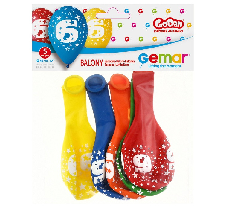 Balony Gemar 12", 6. urodziny, pastel mix, 5szt.