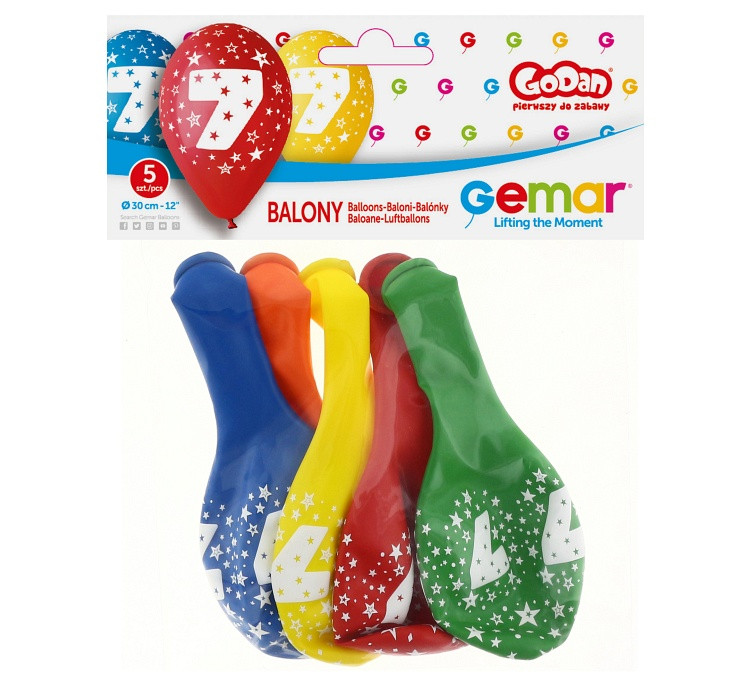 Balony Gemar 12", 7. urodziny, pastel mix, 5szt.