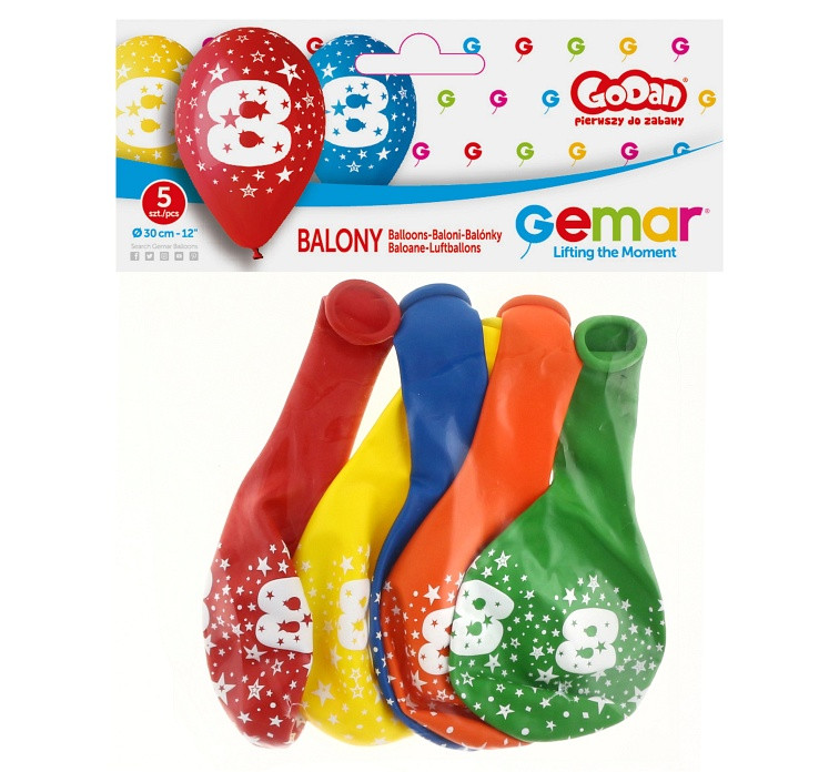 Balony Gemar 12", 8. urodziny, pastel mix, 5szt.