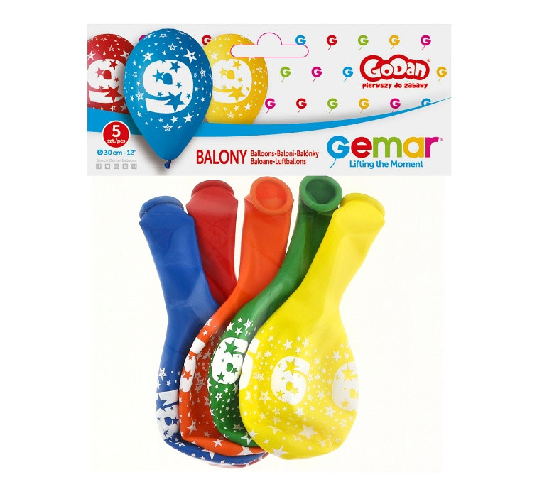 Balony Gemar 12", 9. urodziny, pastel mix, 5szt.
