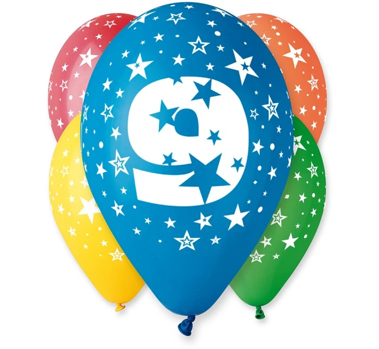 Balony Gemar 12", 9. urodziny, pastel mix, 5szt.