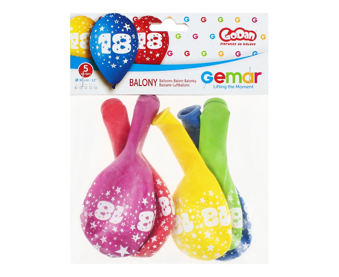 Balony Gemar 12", 18. urodziny, pastel mix, 5szt.
