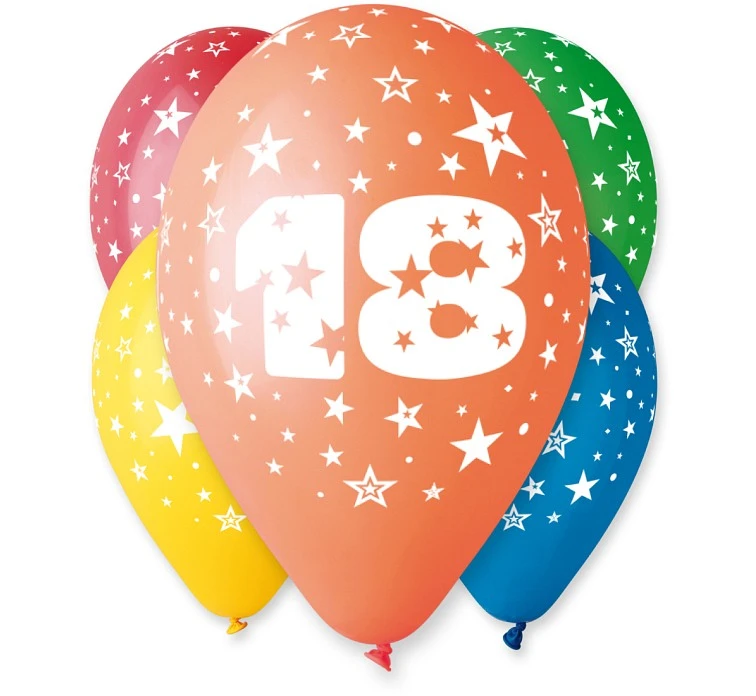 Balony Gemar 12", 18. urodziny, pastel mix, 5szt.