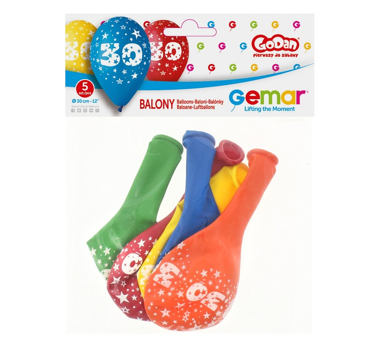 Balony Gemar 12", 30. urodziny, pastel mix, 5szt. KK