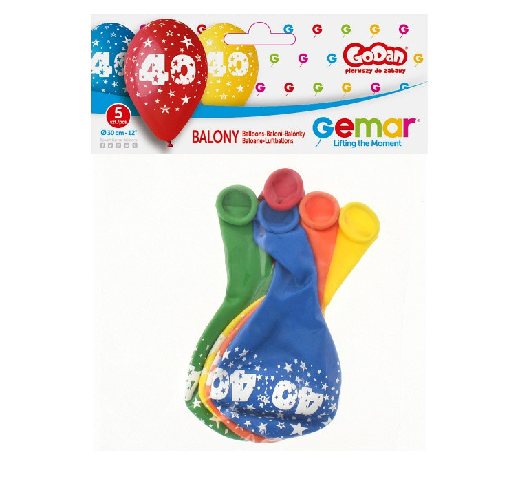 Balony Gemar 12", 40. urodziny, pastel mix, 5szt. KK