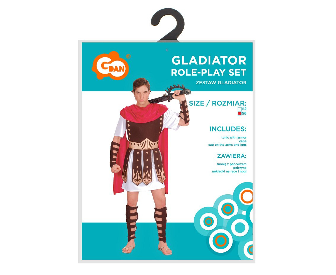 Zestaw dla dorosłych Gladiator (tunika z pancerzem, peleryna, nakładki na ręce i nogi), rozm. 56
