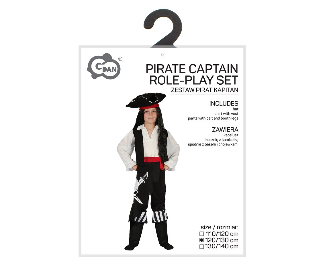 Pirate Captain role-play set for kids (shirt with vest, pants with belt, booth legs, hat), size 120/130 cm