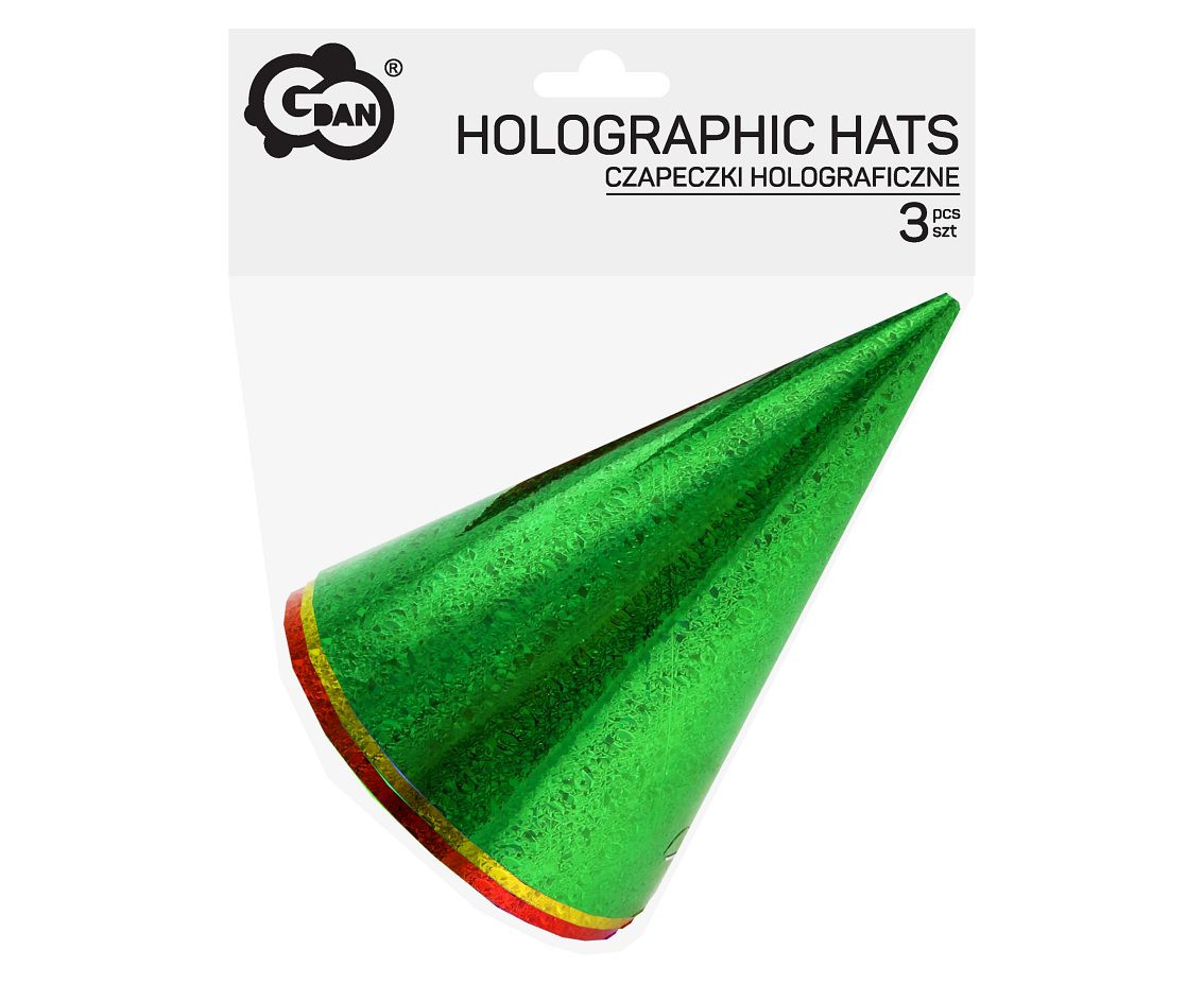 Holographic paper hats, assorted colours, 3 pcs