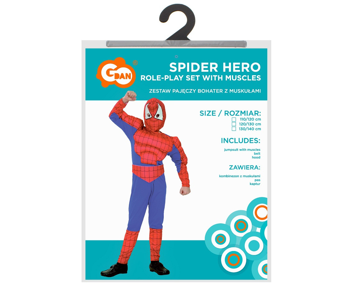 Spider Hero role-play set with muscles for kids (jumpsuit with muscles, belt, hood), size 110/120 cm