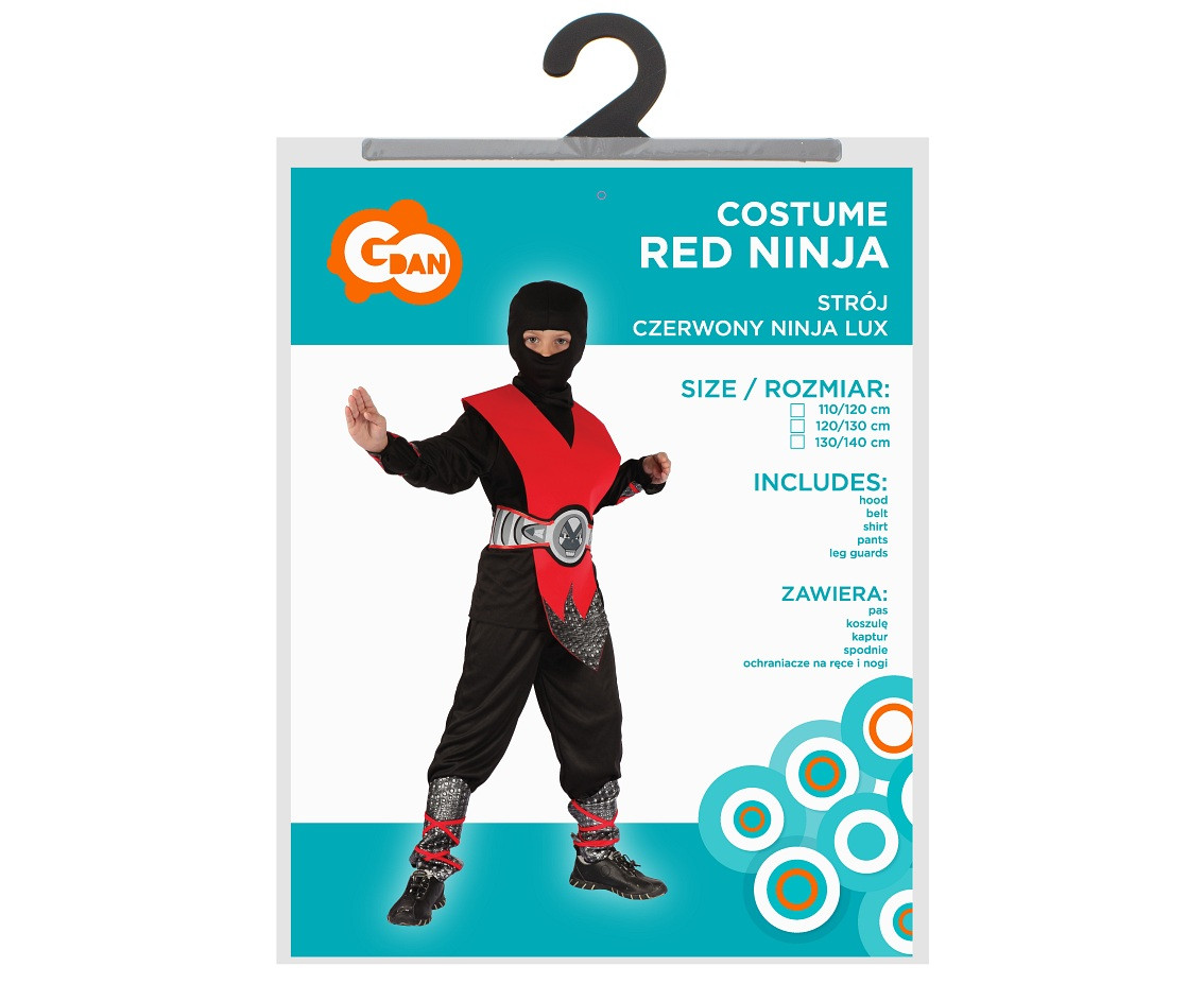 Red Ninja role-play set (hood, shirt, pants, armor, belt, arm guards, leg guards), size 120/130