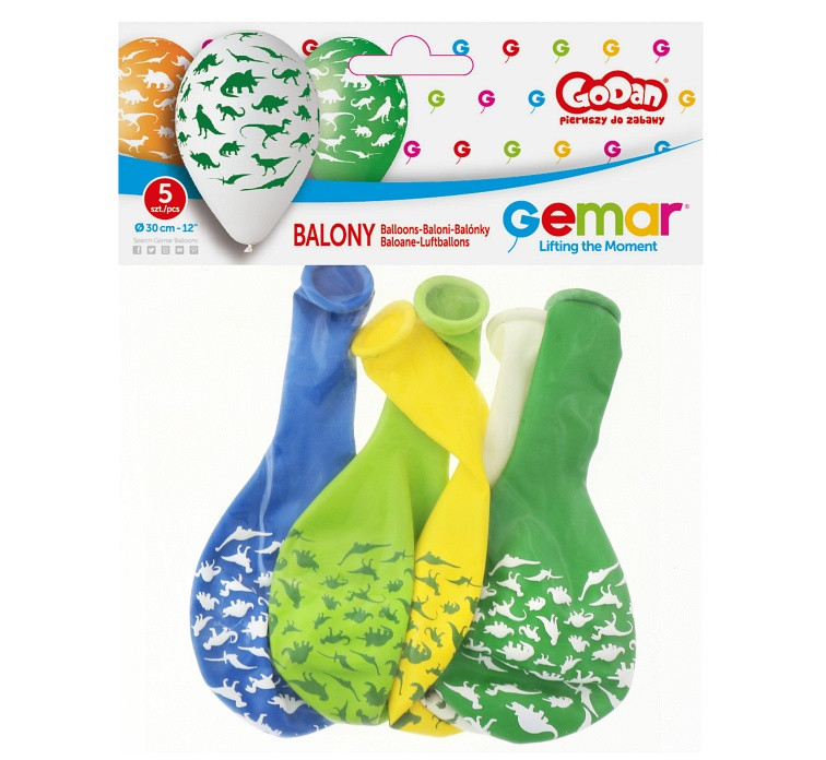 Balony Gemar 12", pastel premium "dinozaury", 5szt.