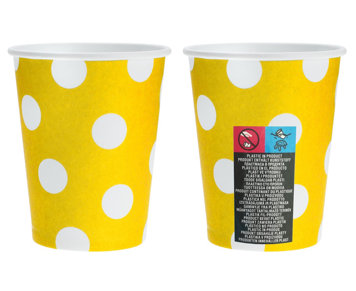 Paper Cups Polka Dots, yellow, 250 ml / 6 pcs