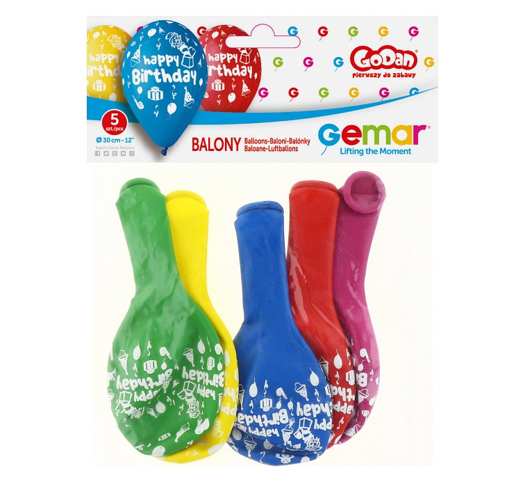 Balloons Gemar 12", pastel premium "happy birthday" (party), 5pcs EOL